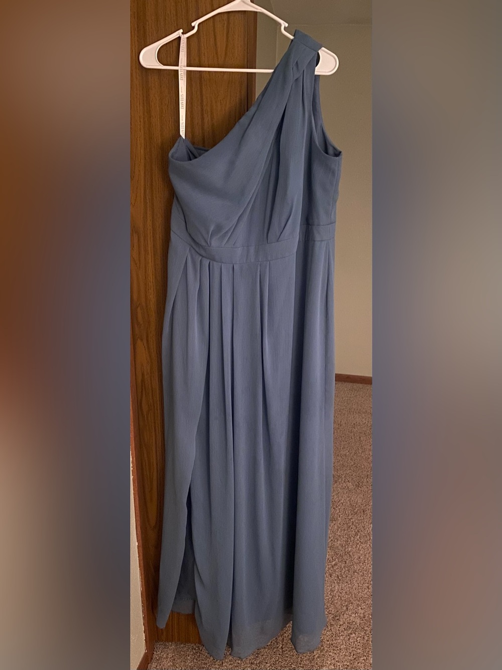 David’s Bridal Steel Blue Chiffon One Shoulder Bridesmaid Dress - Picture 2 of 5